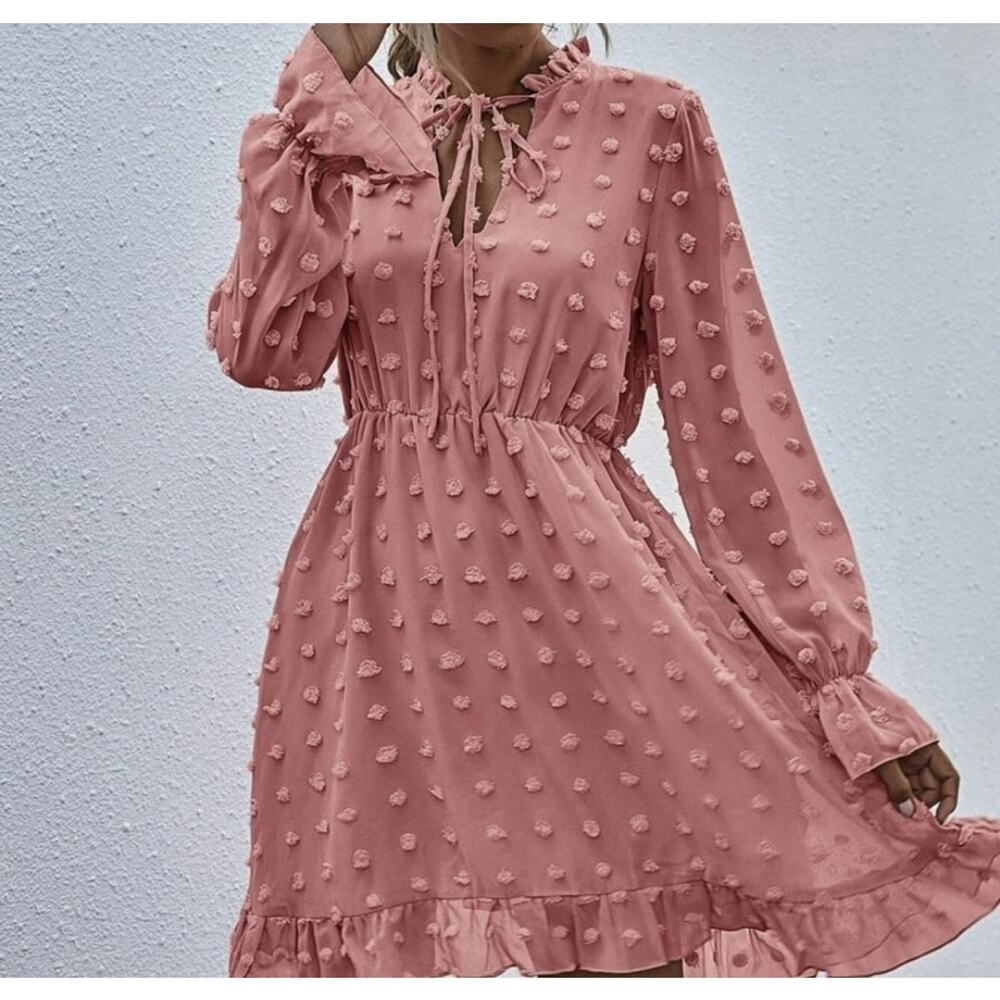 Tacera Pink Swiss Dot Long Sleeves Tie Neck Lined Dress Size L Flirty Feminine